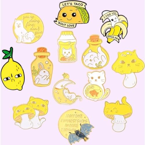 Yellow Series Enamel Pins Moon Bunny Cat Mushroom Brooches for Women Cute Cartoon Badge Bag Clothes Lapel Pin Jewelry Wholesale