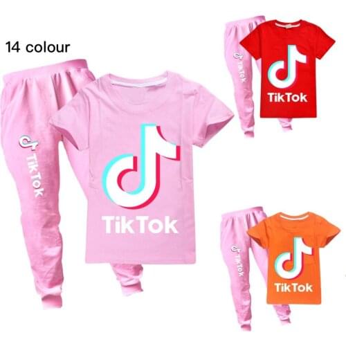TIK TOK childrens clothing boys and girls print casual sports round neck short-sleeved T-shirt + fashion pants set