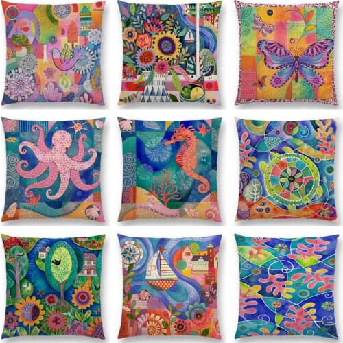 Hot Sale Indigo Flowers Prints Bouquet Blooms Butterfly Garden Hummingbird Seahorse Spring Summer Cushion Sofa Throw Pillow