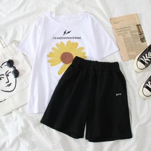 Summer Two Pieces Casual Loose Short Sleeve+Short Pant Homewear Suit Womens Black Clothes Top T-Shirts Set