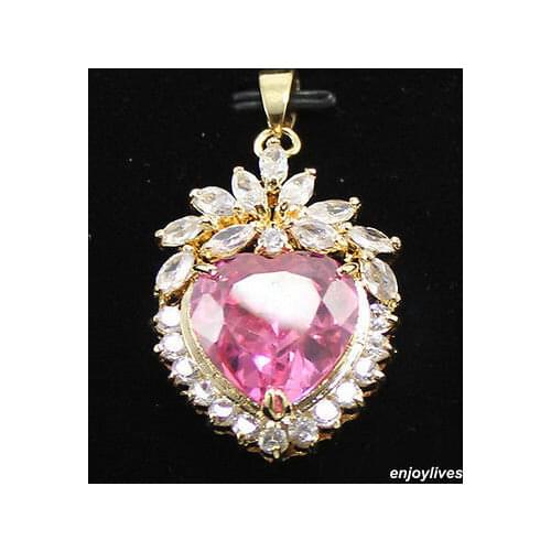 Pink Cubic Zirconia Love Heart Crystal Flower Gold Plated Pendant & Necklace