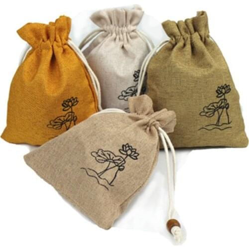 Chinese style retro Lotus Linen Fabric Jute Gift storage bags pouch Package jewelry gift Bags Drawstring bags sundries organizer