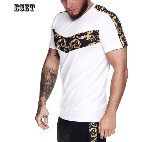 Mens clothing jogger stitching trendy mens T-shirt tops quick-drying fitness sportswear round neck short sleeves