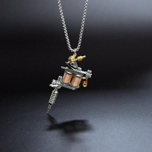 Stainless Steel Tattoo Machine Men Punk Rock Pendant Necklace Fashion Heavy Hip Hop Tattoo Jewelry Gift For Him with Chain