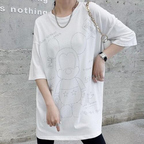 2021new Harajuku Women T-shirt Mid-length Heavy industry hot drilling Female Tops Summer loose Short-Sleeved T-shirts y2k top