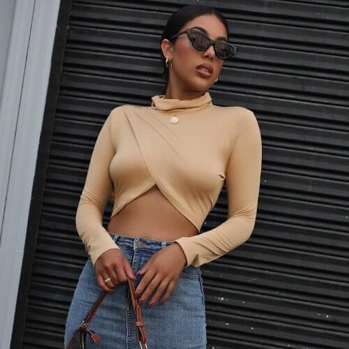 OMSJ 2021 Trend Fashion Turtleneck Women Solid Color Long Sleeve Wrap T-shirt Top Basic Sexy Crop Top Street Casual Wear Clothes