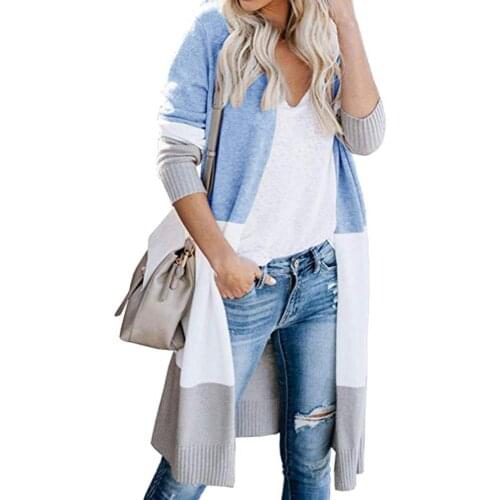 Wholesales Winter Women Color Block Long Sleeve Cardigan Open Front Tunic Knitted Sweater