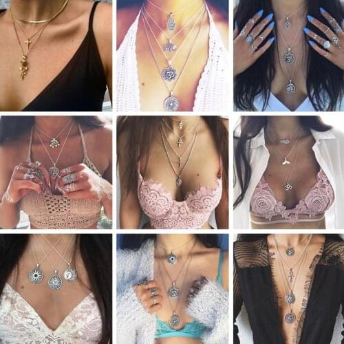 Docona Bohemian Silver Color Flower Tails Leaf Pendant Necklace for Women Geometric Vintage Carving Layered Necklace Collar