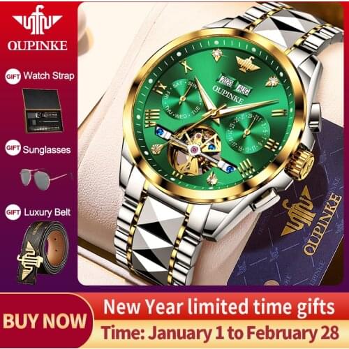 OUPINKE Luxury Men Watch Chronograph Automatic Mechanical Watches Men Stainless Steel Waterproof Sport Clock relogio masculino