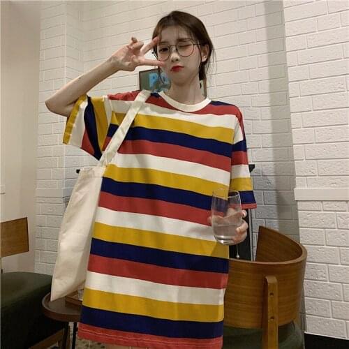 Japanese Kawaii Color Matching Striped T-Shirt Girls School Clothes Female T-Shirts For Teenage Cute Tee Gothic y2k Urban Tops