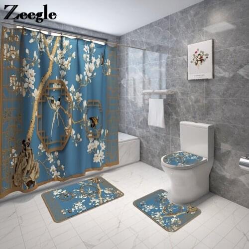 Zeegle 3D Printing Bath Mat and Shower Curtain Set Flannel Bathroom Carpet Rug Absorbent Toilet Seat Cover Anti-Slip Foot Rug