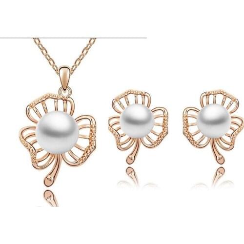 Womens fashion jewelry pendant necklaces earrings jewelry set Artificial simulated pearl, gold-color jewelry