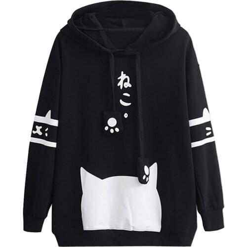 Womens Casual Long Sleeve Hoodies Kitty Cat Print Pocket Thin Hoodie Sweatshirts Blouse Top Shirt Harajuku Coat Dropshipping