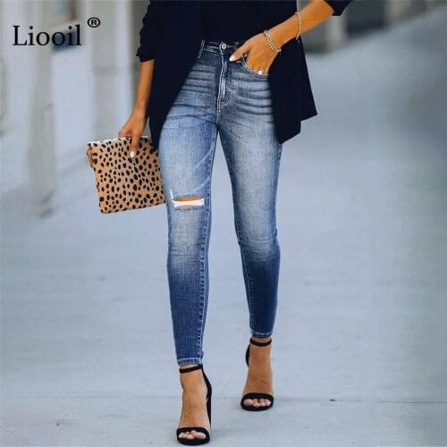 Liooil Stretch Ripped Jeans Pencil Pants Women Mid Waist Sexy Skinny Trousers Moustache Effect Wash Distressed Hole Denim Pants