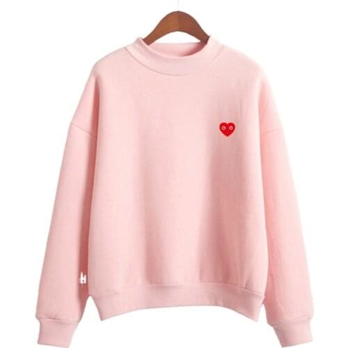 Women Sweatshirts Pink Solid Cartoon Heart Print Harakuju Hoodies 2020 Autumn Korean Long Sleeve Turtleneck Female Pullover Tops