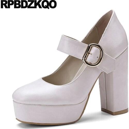 Beige 2018 korean size 4 34 designer pumps super ultra square toe women platform shoes chunky ankle strap extreme high heels