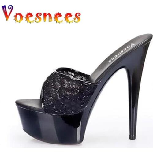 Women Shoes 2021 Sweet High-heeled Shoes 13 /15cm Black Thick Platform Slippers Lace Fashion Banquet Ladies Shoes Sizes 34-44