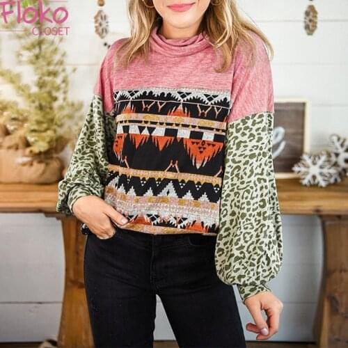 Flokocloset Leopard Print Patchwork Lantern Sleeve Sweatshirts Casual Turtleneck Indie Folk Long Sleeve Women Pullovers