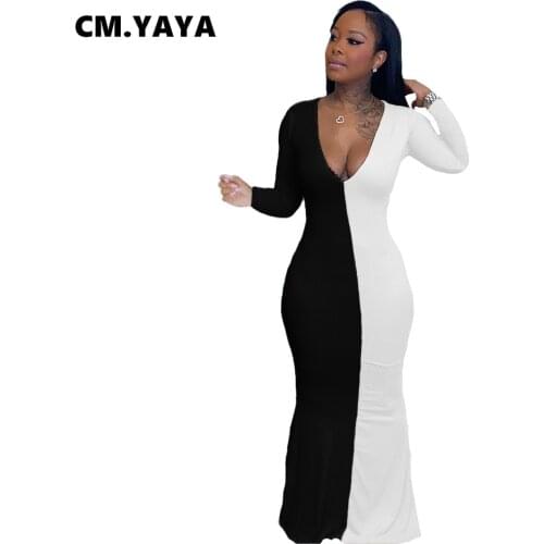 CM.YAYA Women Long Dress Patchwork Full Sleeve V-neck Stretchy Bodycon Skinny Maxi Dresses Vintage Casual Vestidos Autumn 2021