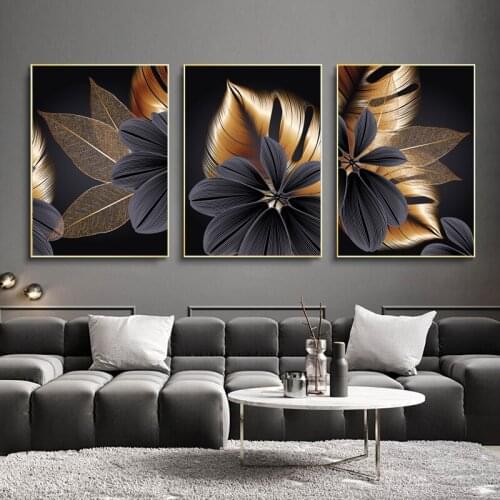Black Golden Plant Leaf Canvas Painting Abstract Wall Art Posters and Prints Nordic Luxury Pictures for Living Room Home Decor