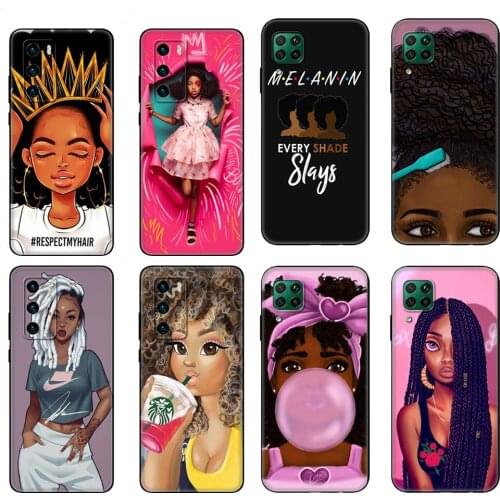 Black tpu Case For Huawei P30 Lite P30 Pro P40 Case For Huawei P40 LITE P Smart Case Cover African Beauty Afro Puffs Black Girl