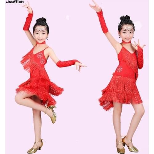 Kids Paillette Latin Dance Dress Suit Vestido Modern Ballroom Dance Wear Children Fringe Dress Child Tassel Latin Dance Skirt