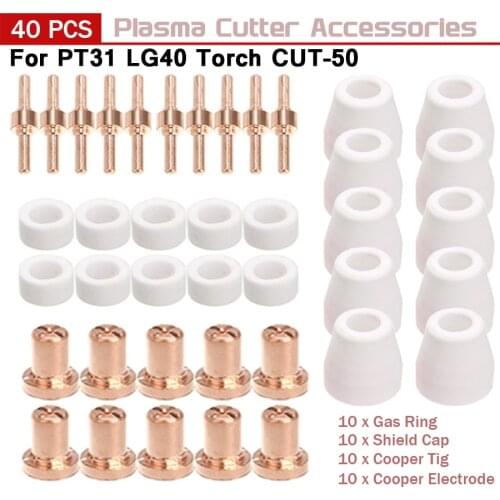40pcs Plasma Cutting Torch Consumable Cutting Extended Long Shield Cup Swirl Baffle 40A PT31 Plasma Torch Tip Electrode Nozzle
