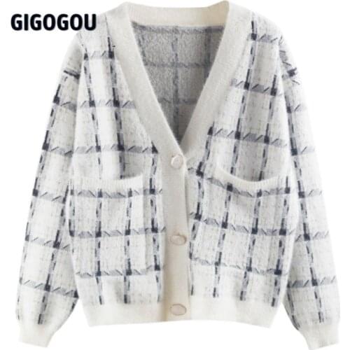 GIGOGOU Oversized Women Cardigan Sweater Imitation Cashmere Mink Knit Jumper Top Plaid CHIC Womens Winter Warm Coats Jacket