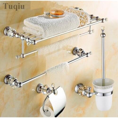 Clear Crystal Bathroom Accessories Sets Silver Polished Chrome Towel Rack Toilet Brush Holder Solid Brass Bathroom Hardware Sets