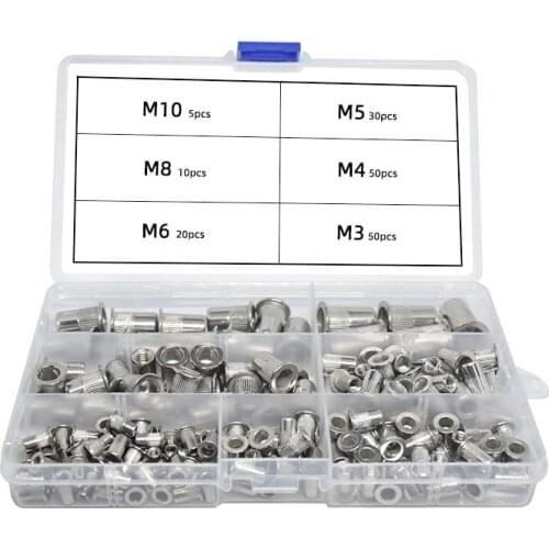 165PCS 304 Stainless Steel Rivet Nuts Set 6 Sizes M3/M4/M5/M6/M8/M10 Flat Head Nut Insert Rivnut Nutsert Threaded Rivet Nuts