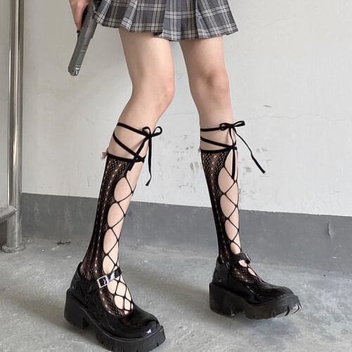 Japanese Tide Black White Cotton Sox with Long Rope Strap Top Cross Bow Knot Lolita Cosplay Medias Socks