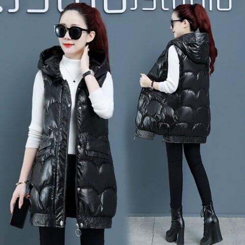 2021 New Glossy Down Cotton Vest Women Hooded Plus Size Mid-Length Autumn Winter Thick Waistcoat Female Sleeveless Jacket H1721