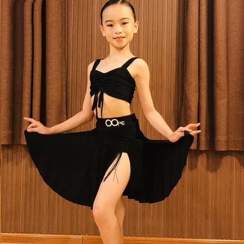 Latin Dance Dress Kids Girls Rumba Cha Cha Tap Dance Competition Performance Clothes Summer Black Tops Vest Tassel Skirt 4191