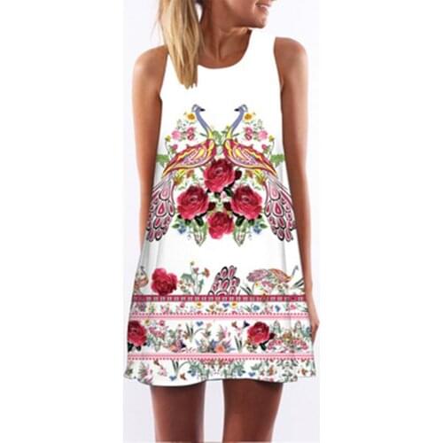 New summer womens dress beautiful peacock 3D printing round neck off shoulder miniskirt womens loose casual fashion vest dress