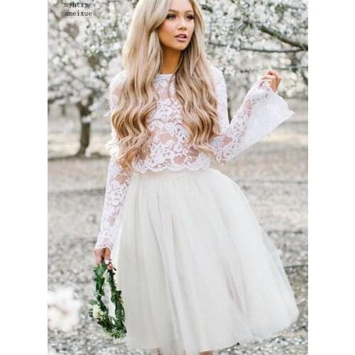 Long Stare Sleeves Wedding Dress Lace Knee Length Bride Dress Two-pieces Lace Top Beach Informal Dress Cheap Robe De Mariee 2020