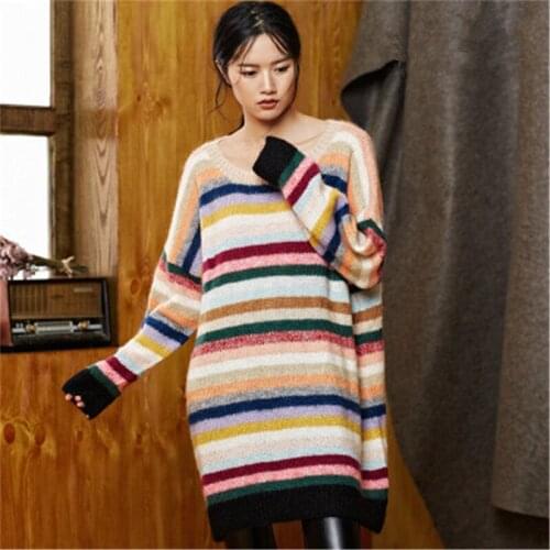 100% hand made wool Oneck thin knit women streetwear rainbow striped H-straight pullover sweater one&over size