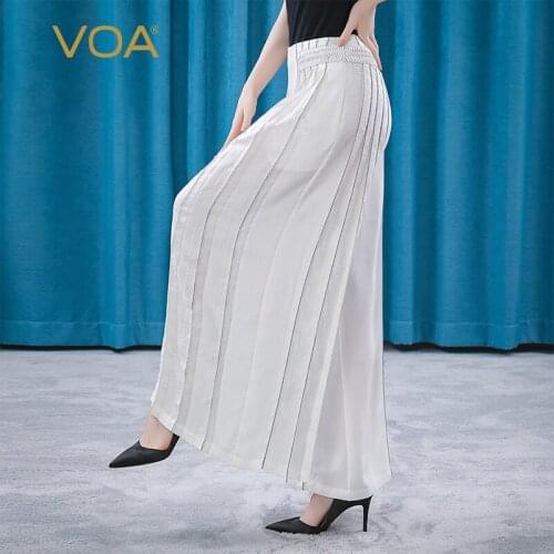 VOA Silk Jacquard White Waist Three-dimensional Fold Loose Pleated Wide Leg Pants KE250 Fashion Streetwear Women Silk Pants