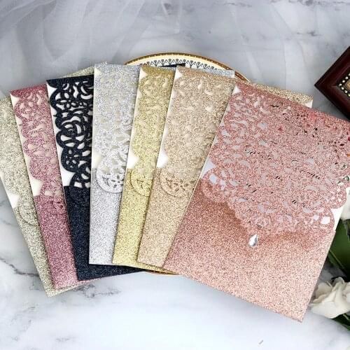 10pcs Pearl paper Business Invitation Glitter Openwork Pocket Rose Lace Invitation Card Wedding Invitation Universal
