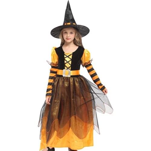 Girl Witch Cosplay Costume kids Halloween Costumes Dress with Dot Ribbon Pointed Hat Fairytale Party Props