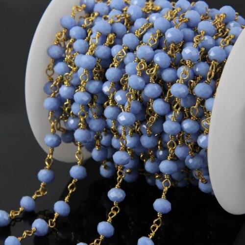 5Meters Candy purple Glass Faceted Rondelle Chains,Gold Plated Wire Wrapped Rosary style Chains loop Necklace supplies