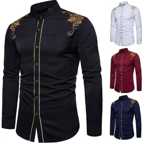 Men Fashion Shirts Palace Embroidery Long Sleeve Muslim Tops Shirt Saudi Arabic Blouse Men Autumn Clothing Islamic Black Casual