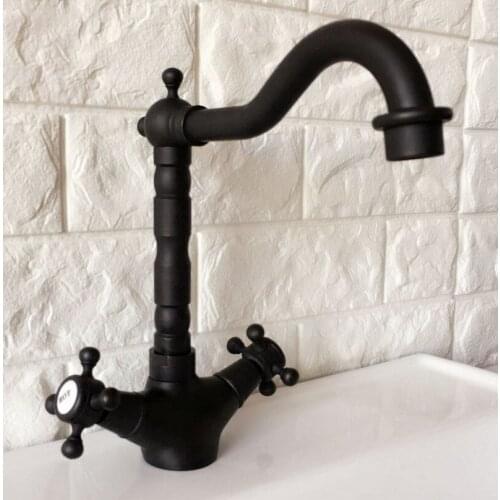 Black Oil Rubbed Brass Dual Cross Handles One Hole Bathroom Kitchen Basin Sink Faucet Mixer Tap Swivel Spout Deck Mounted mnf349
