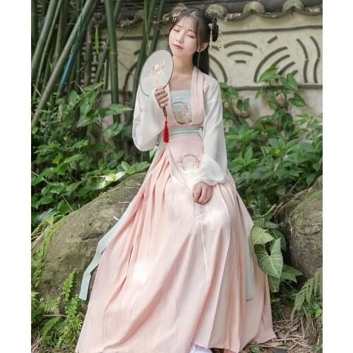 Flower Embroidery 3PCS Set Womens Chinese Style Ruqun Vintage Gorgerous Dress Fine Embroidery Hanfu Long Dress Fairy Kei
