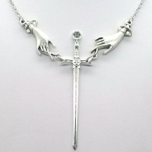 New Long Fashion Sword Hand Necklace Pendant Gothic Jewelry Dark Dagger Mens and Womens Satan Statement Gift
