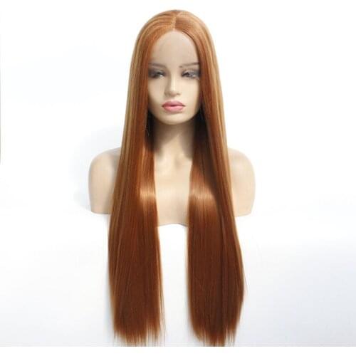 Natural Looking Fashion Medium Brown 30# Long Silky Straight Synthetic Wig Natural Soft Lace Front Wigs Heat Resistant For Women