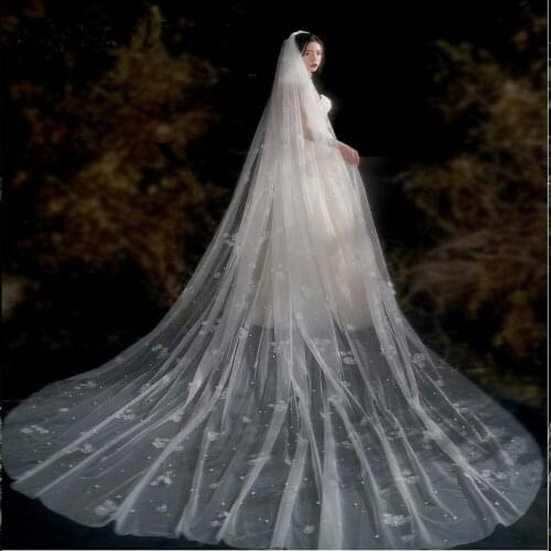 3D Flowers Wedding Veil Long 1T Cathedral White Ivory Bridal Veils with Comb Pearls Wedding Veil