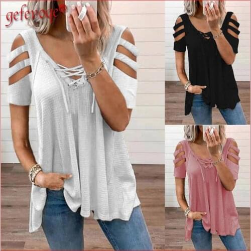 T-shirt Women 2021 Summer Casual Tunic Tops Female Sexy Hollow Out Lace Up V Neck Short Sleeve Tees Tshirts Solid Loose Clothing