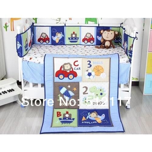 Hot sell 2014 New Blue Cars Airplan Boy Baby Crib Cot Bedding Set 3 items Including Comforter Bumper Fitted Sheet