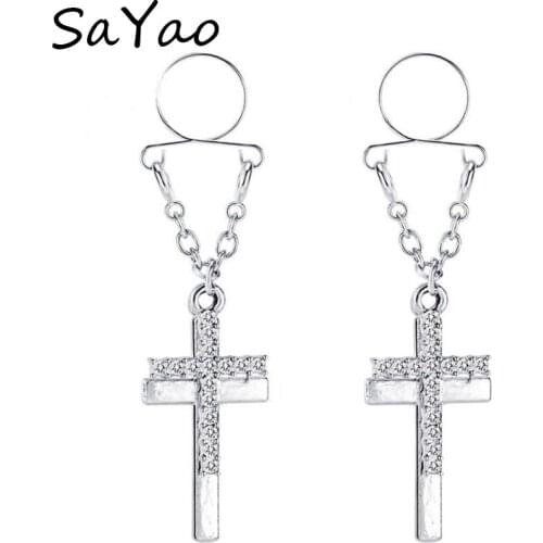 SaYao 2 Piece 2018 Cross Fake Nipple Rings Love Crystal Crosses CIRCLE STAINLESS STEEL CLIP ON NON PIERCING NIPPLE SHIELD RINGS