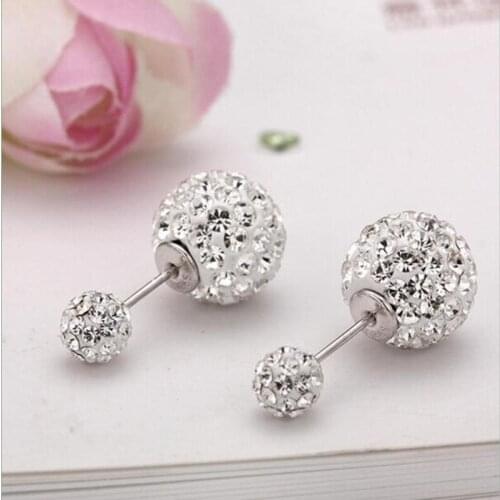 Zircon Korean Noble Double Round Balls Stud Earrings for Women Ladies Party Wedding 925 Silver Shiny Jewelry Accessories SE148